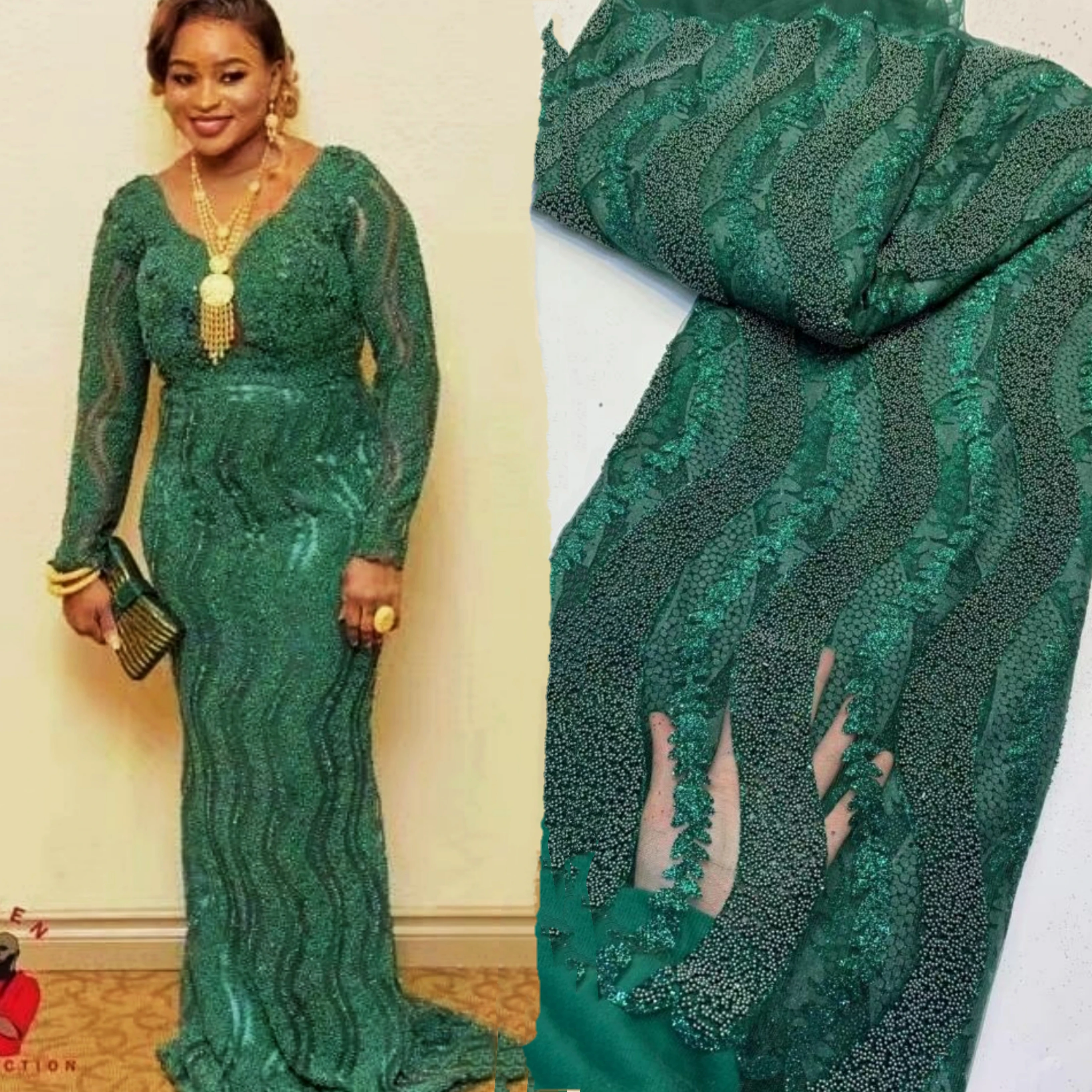 

Green French tulle lace wedding lace fabric with beads, As picture or customized