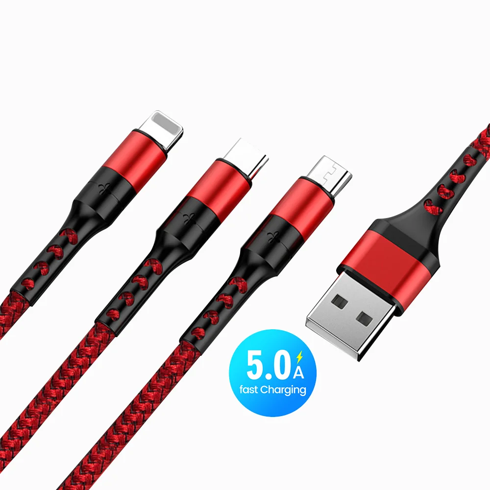 

Free Shipping 1 Sample OK 3 in 1 5A Fast Charging Cable 1.2m Universal Mobile Phone Charger Cable for iphone Micro USB Type C