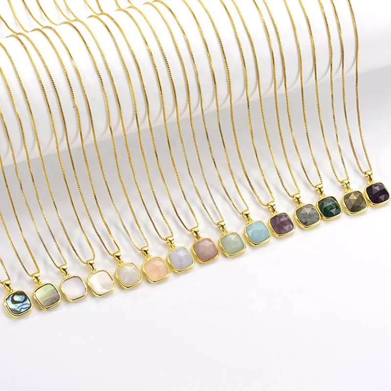 

18K Gold Plated Brass Chain Luminous Faceted Square Natural Gemstone Amethyst Pendant Necklace