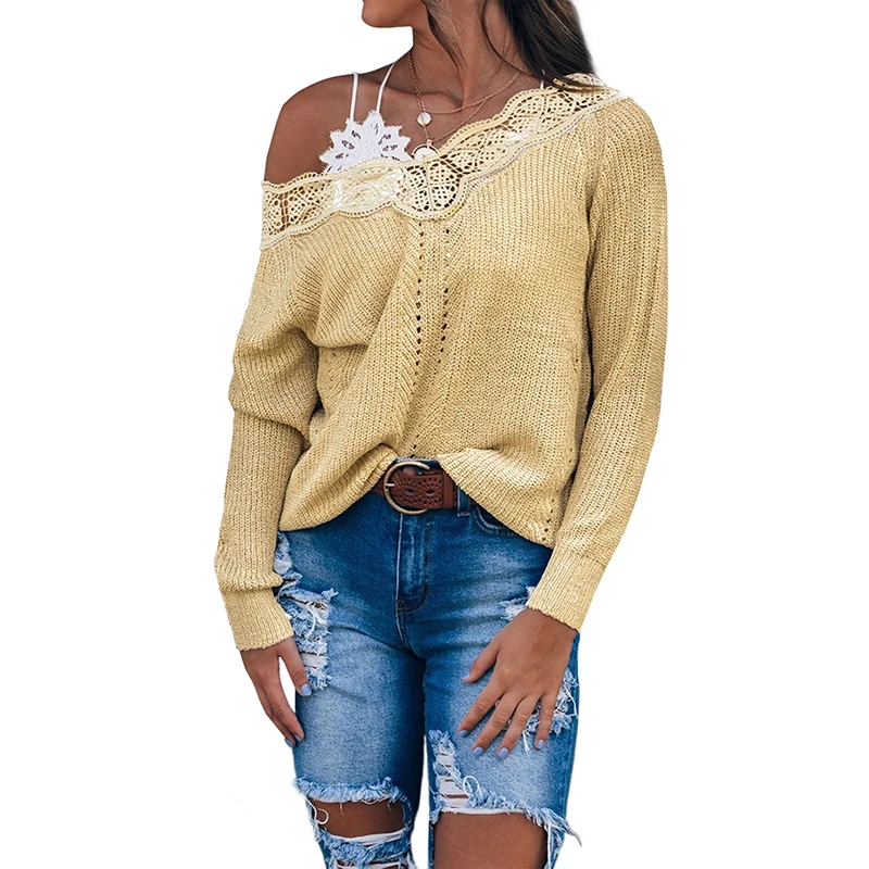 

2021 Women Sweater Stylish Style Bateau Neck Patchwork Lace Plain Women Sweater Long Sleeve, Customized