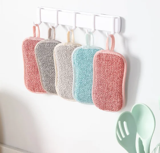 

Kitchen cleaning double-sided dish cloth thickened dishwashing decontamination sponge dish cloth, Green, pink, meat meal, beige