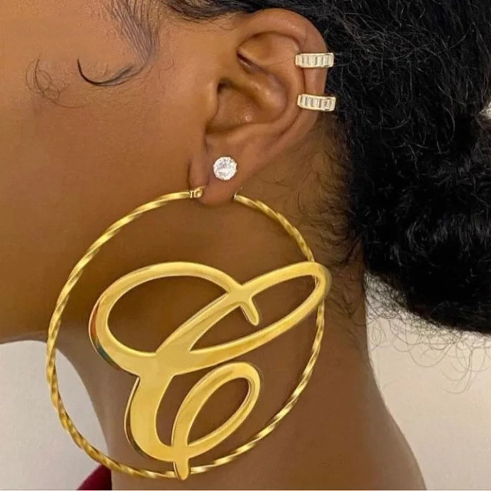 

2021 Dropshipping Fashion New Arrival Large Circle Earrings Jewelry Stainless Steel Women Custom Big Initial Gold Hoop Earrings, Gold,silver