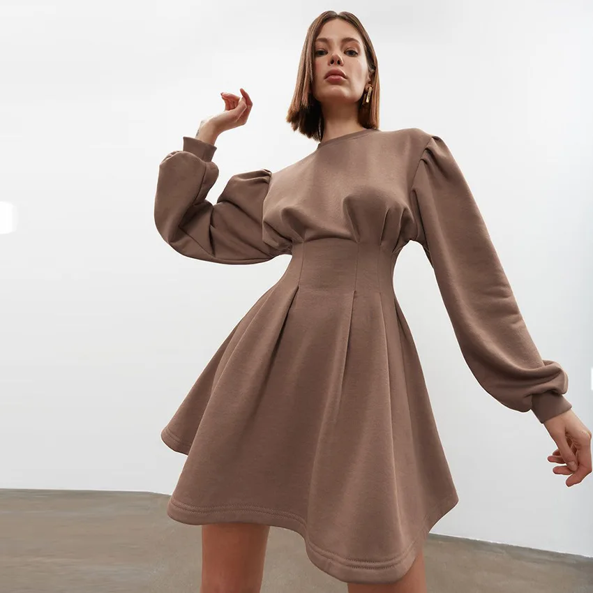 

2021 Autumn New High Waist Short Skirt High Neck Long Sleeve Fashion Casual Dress Women's Clothing
