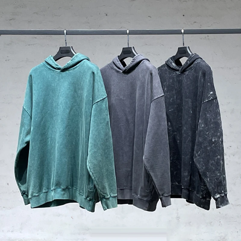 

Autumn street retro trend washed drop-shoulder hoodies 100% cotton breathable men's oversize pullover hoodie with side pockets