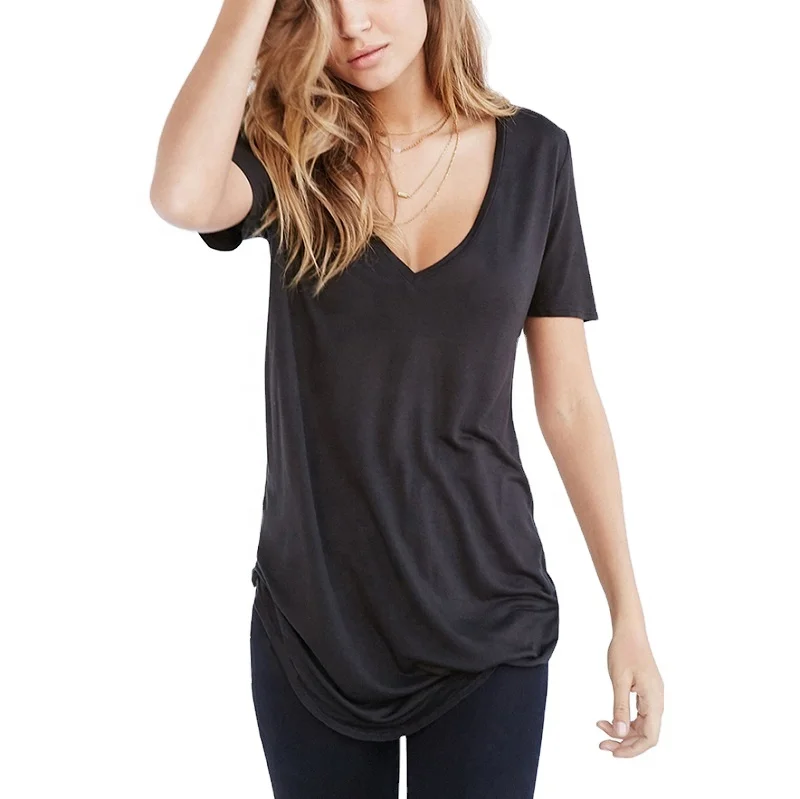 

Customized Fashion Summer Short Sleeve oversized Simple Deep V Neck Solid Color Sexy Girls Curved Hem Long T Shirt for Women