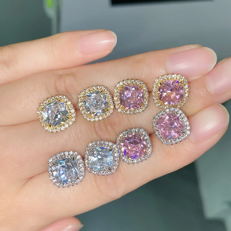 

18k gold plated jewelry bling diamond square earrings women