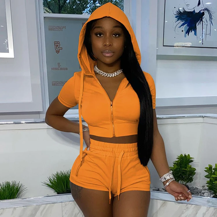 

Summer Clothes 2021 Solid Hooded Short Sleeve Crop Top Hoodie With Zipper Jogger Outfit Two Piece Shorts Pants Set For Women, Orange,black,blue