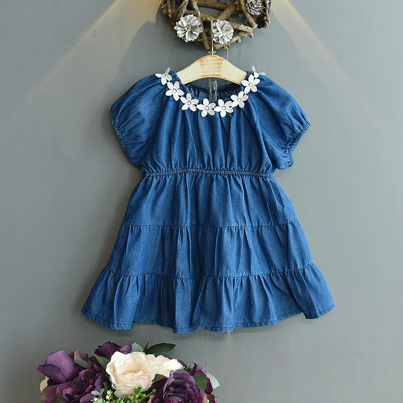 

Hot Sale 2021 Summer Korean new Fashion Short Sleeve Flower Blue ruffle A-Line clothing beautiful Princess baby Girl Denim Dress, Picture shows