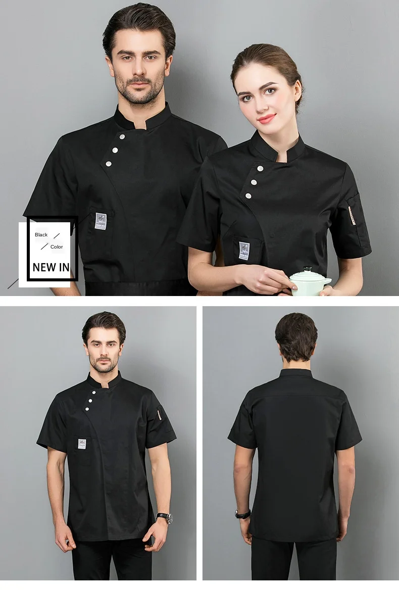 
Bulk sale 65% poly 35% cotton chef coat uniform workwear clothing black/white chef uniform jacket with pockets 