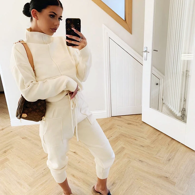 

Custom Logo Solid Color Women Sweatshirt Set Sports Casual High Neck Crop Top Joggers Trousers Tracksuit Two Pieces Suit