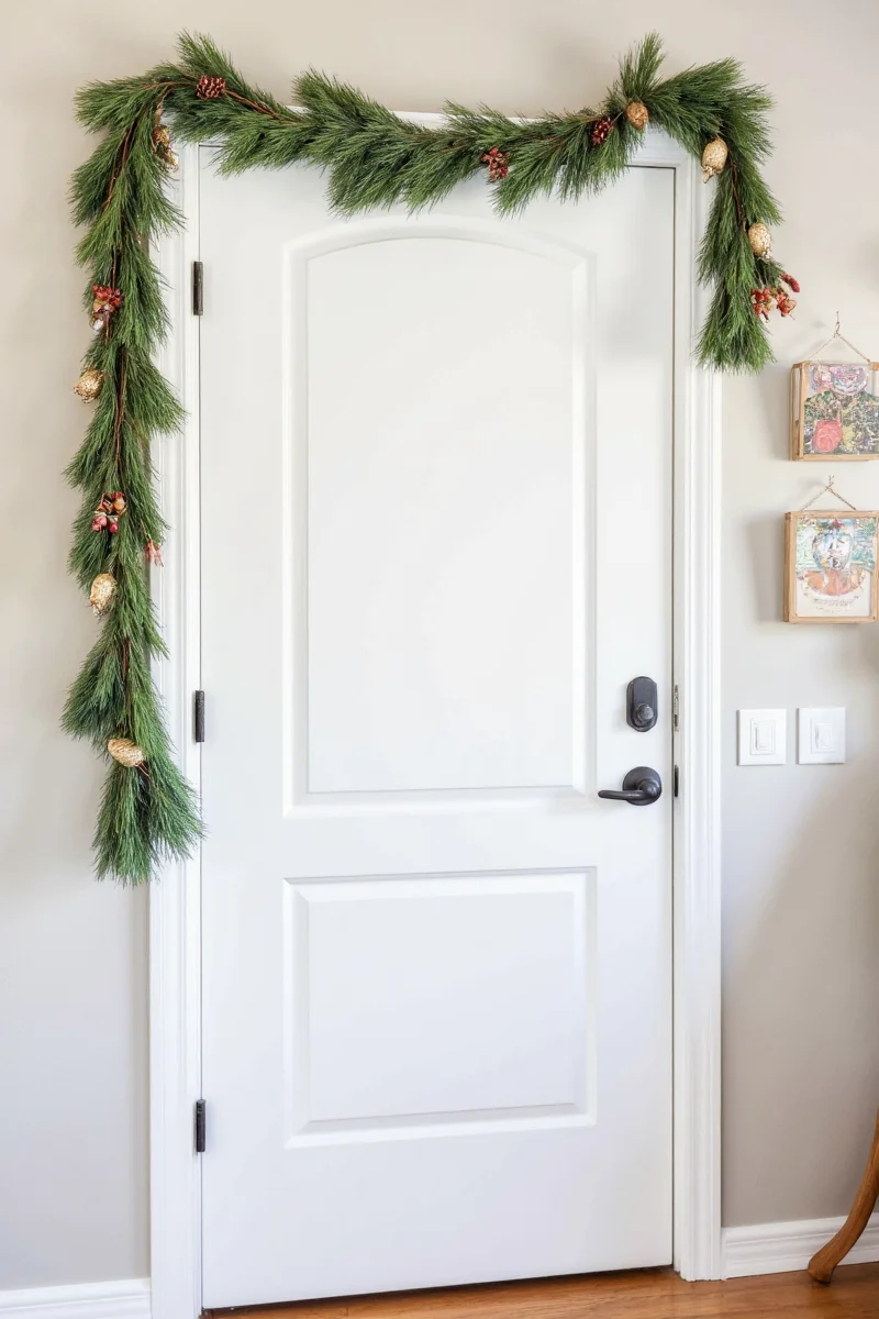 Hanging garland using magnetic clips on metal door frame
