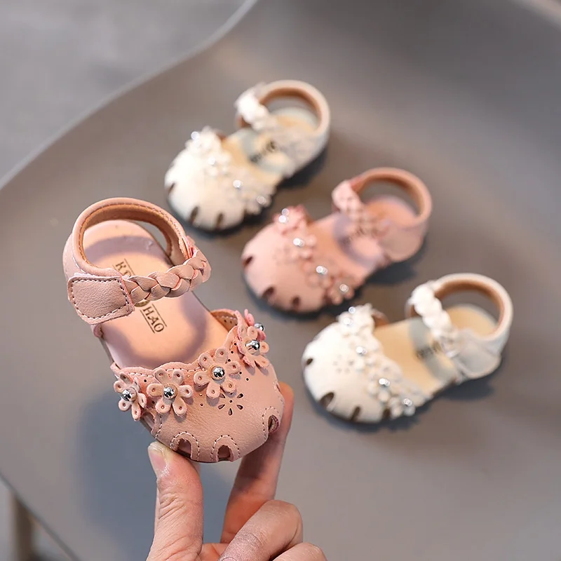 

B22995A Little girl pretty flower princess shoes leather shoes, Beige/pink