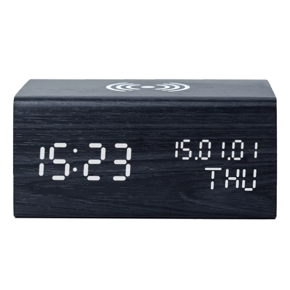 

Multifunctional Digital Bedside LED Wooden Alarm Clock Wireless Charger With Calendar and Temperature, Phone Charging Clock