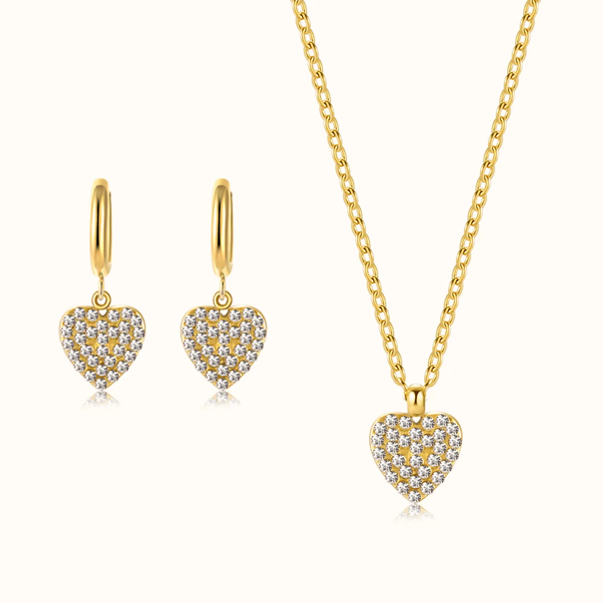

Best Sell 14K Gold Plated Stainless Steel Peach Heart Diamond Earrings Necklace Set Fashion Jewelry