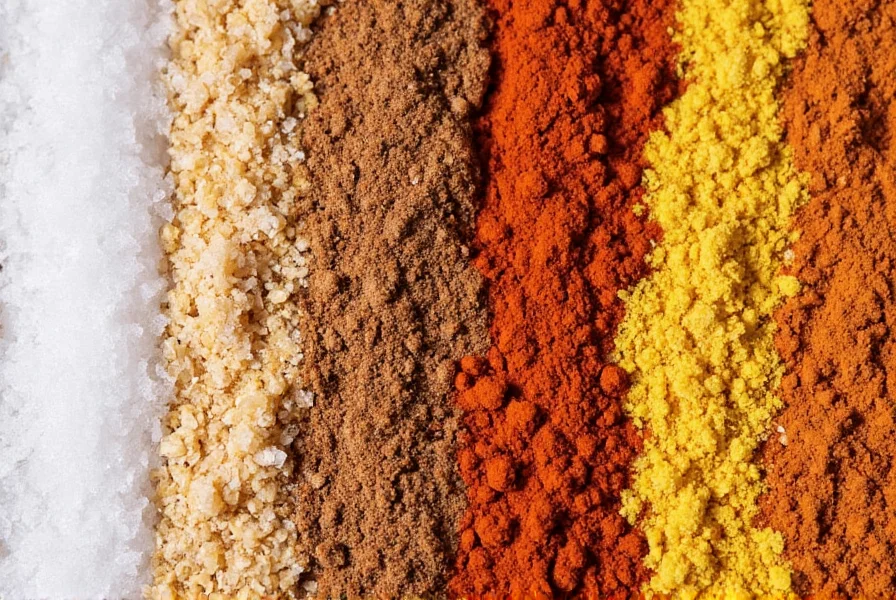 Close-up comparison of salt crystals versus various spice powders showing structural differences