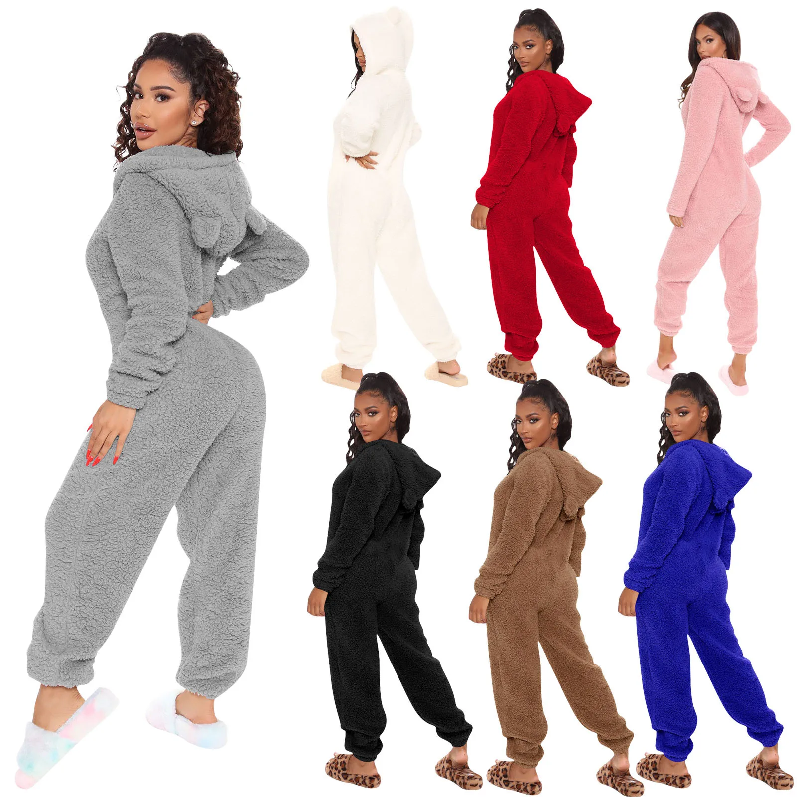 

S-5XL 7 Color Winter Hooded Sleepwear Fleece Nightwear Plush Teddy Bear Onesie Pajamas For Women