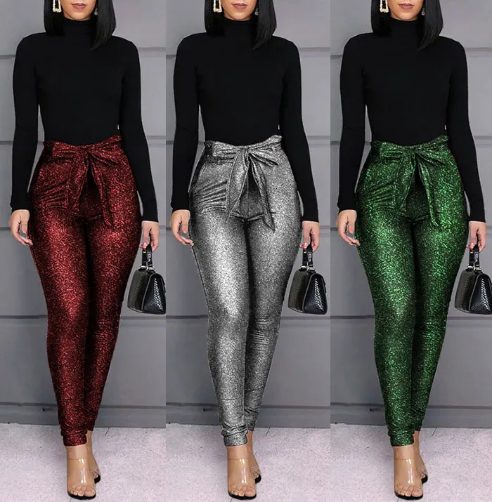 Glitter Sequins Belted Skinny Pants Women Bow Tied High Waist Pockets Design Bling Bling Sequined Pencil Pants Party Clubwear