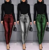

Glitter Sequins Belted Skinny Pants Women Bow Tied High Waist Pockets Design Bling Bling Sequined Pencil Pants Party Clubwear