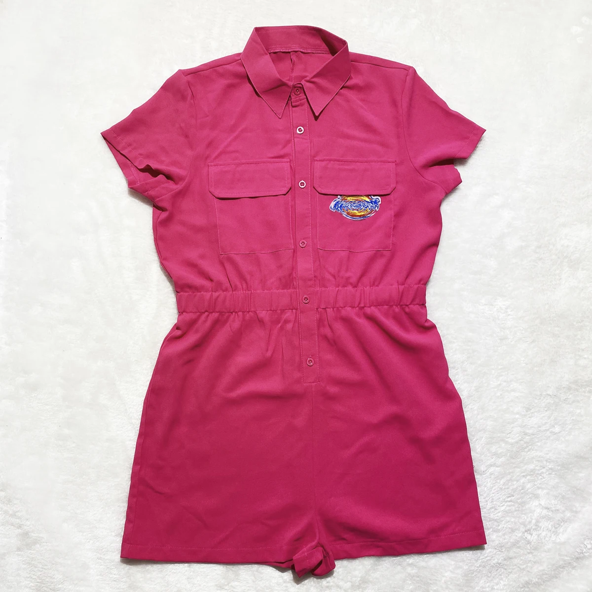 

2021 New Arrivals Summer Clothes Solid Color Elastic Waist Short Romper Women Fashion Patches Cargo Jumpsuit