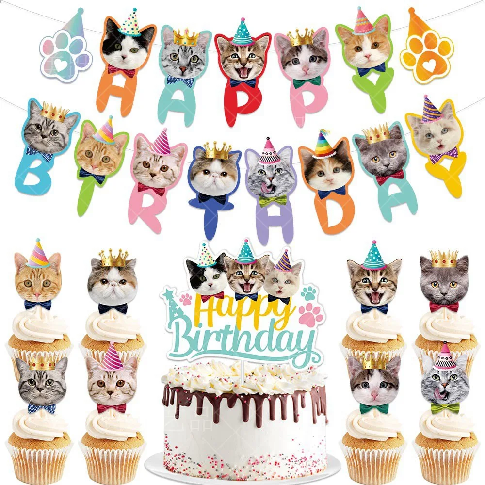 

Pet Cat Birthday Banner Cartoon Cat Birthday Flag Cake Card Funny Pet Cat Theme Party Banner Set