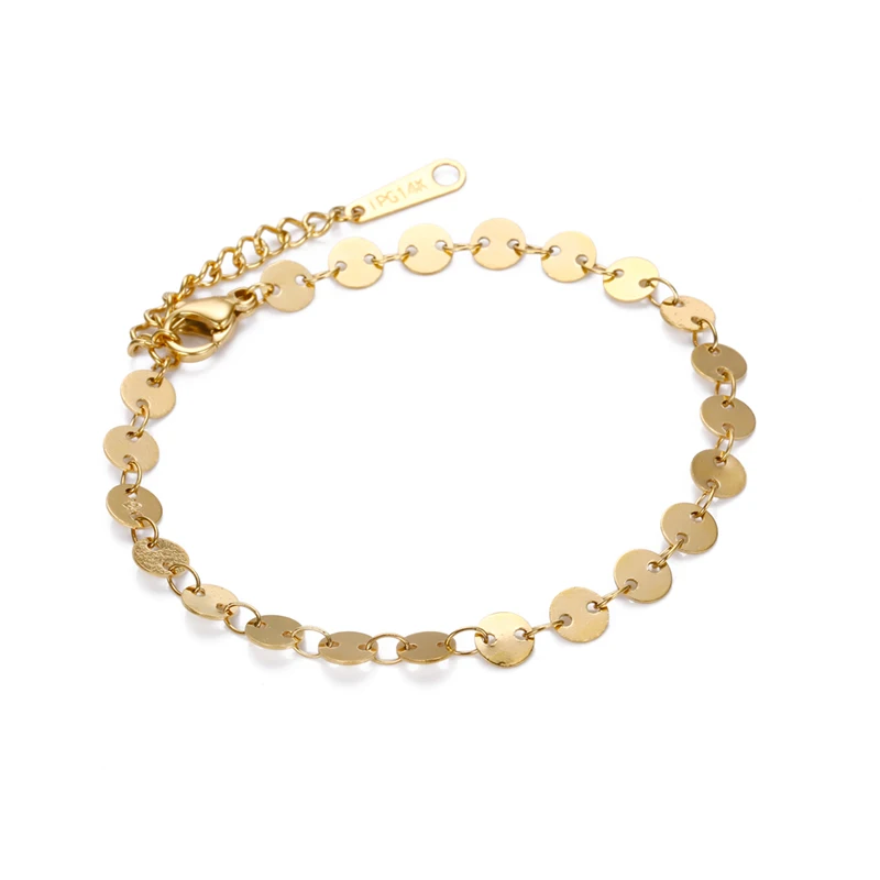

Wafer Shiny Sequins Discs Bracelet Amazon Hot Sale Bracelet 316L Stainless Steel Gold Round Chain Shiny Sequin Bracelet, 14k gold