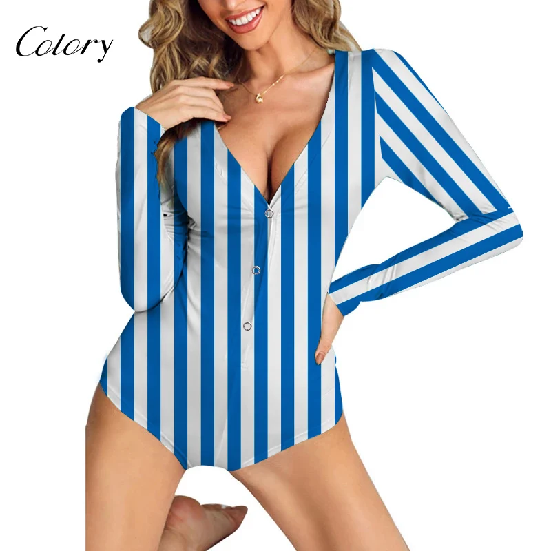 

Colory Stripe Pajama Plus Size Onesie Long Sleeve V-neck, Picture shows