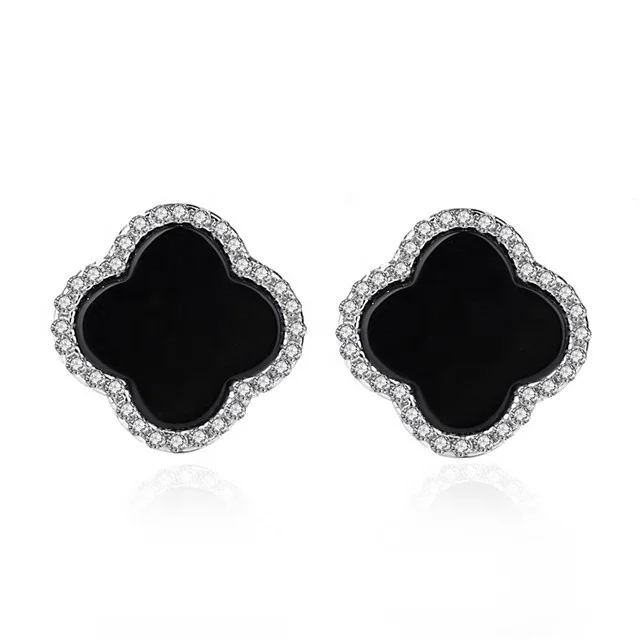 

USA Fashion Jewelry Clover Stud Earring 925 Sterling Silver Jewelry Fashion Agant Earring, Black, pink