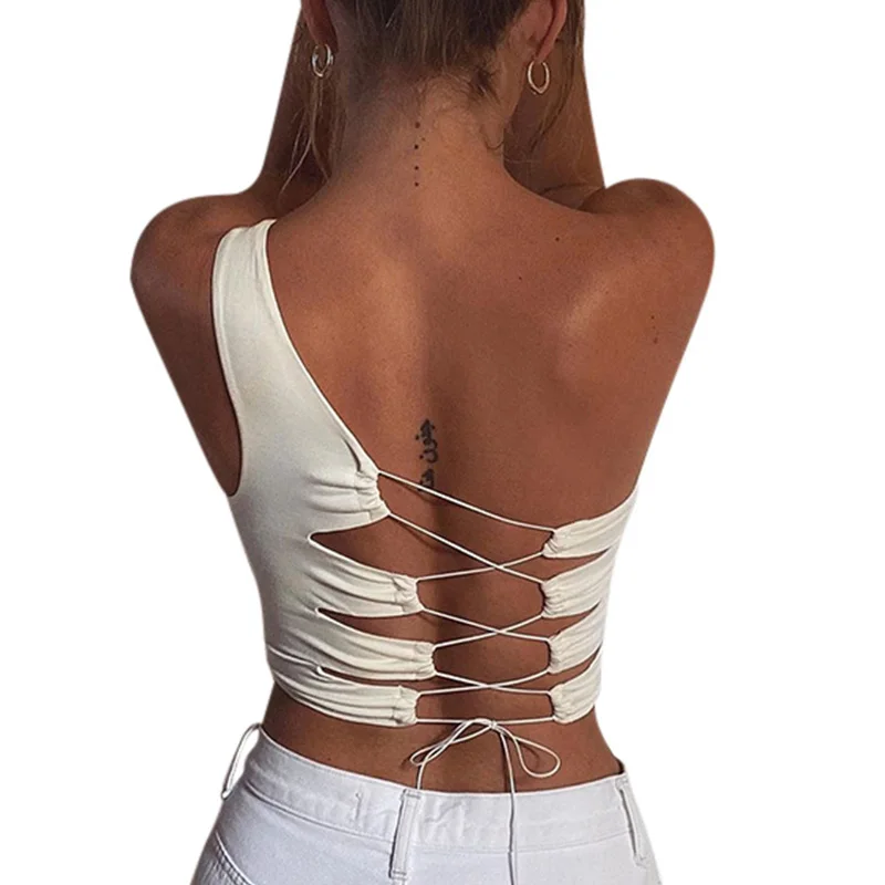 

Womens Drawstring Sexy One-Shoulder Sport Yoga Bra Vest Fashion Sleeveless Crop Tops