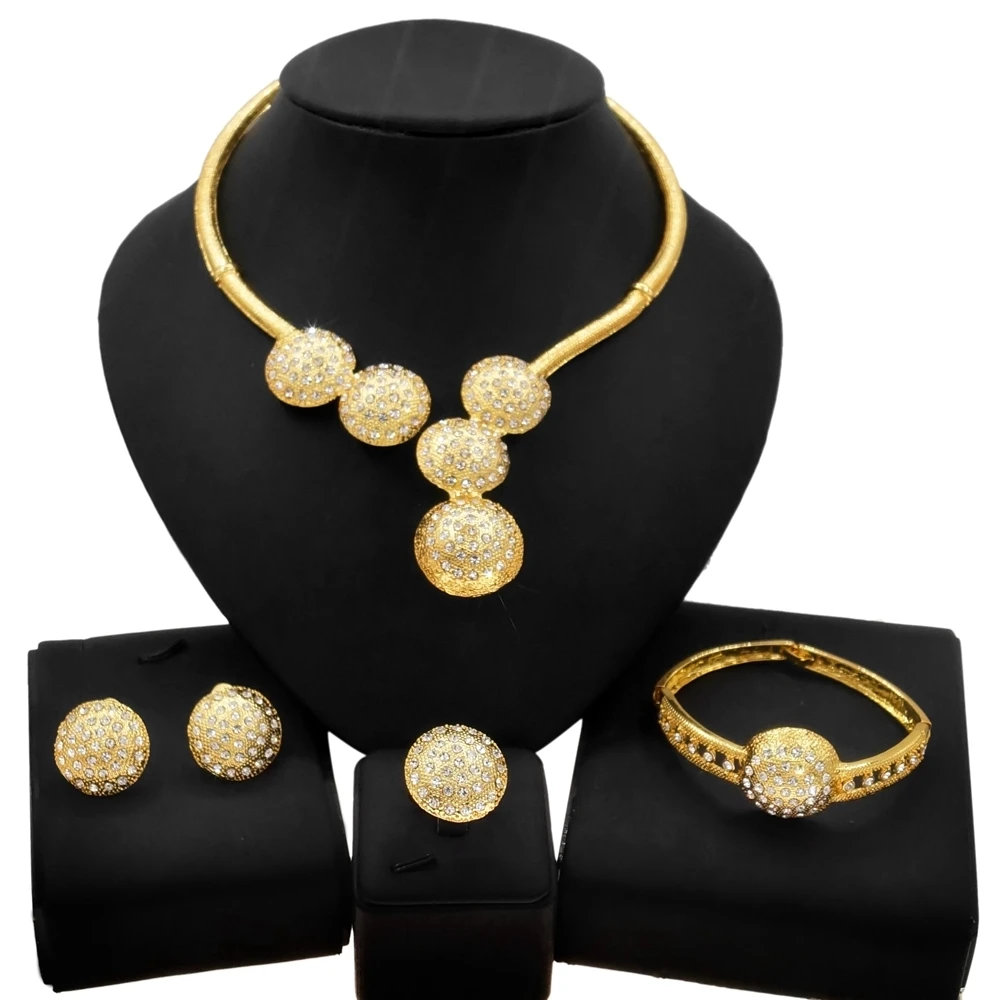 

Yulaili Women Gold-Plated Shiny Crystal Jewelry Set Necklace Bracelet Earrings Ring Set Brazil Wholesale Zircon Jewelry Sets