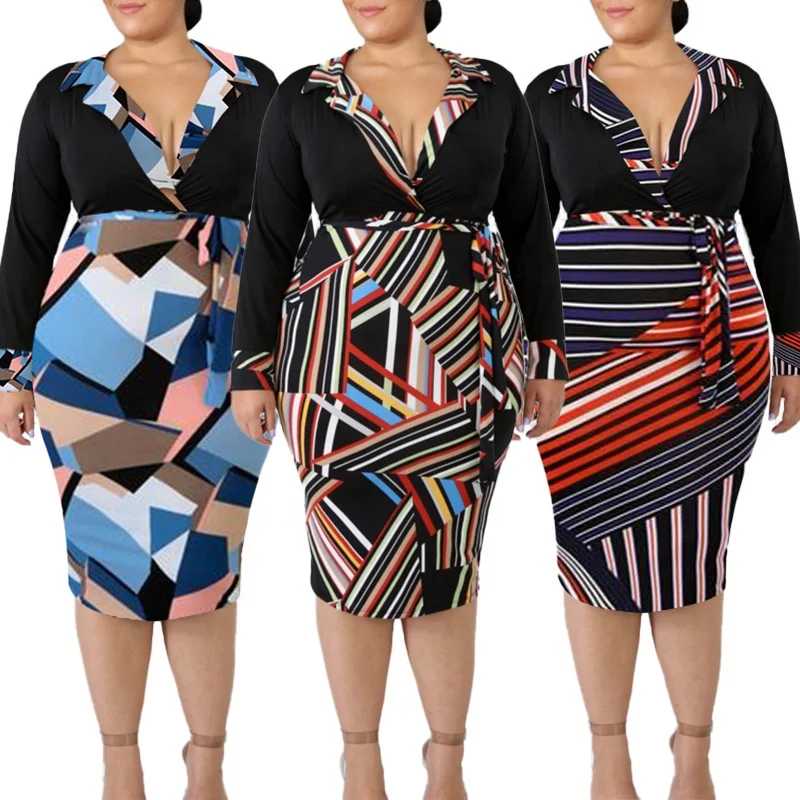 

YD New arrival autumn long sleeve striped print plus size women bodycon elegant casual dresses midi length