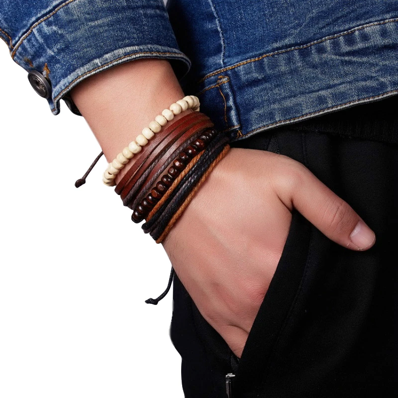 

Vintage 4 Pcs/Set Leather Bracelets Wood Beads Bracelets Fashion Punk Multilayer Handmade Bracelets for Men Jewelry Accessories