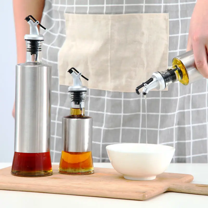 

A3726 Home Kitchen Oil Can Leakproof Vinegar Soy Sauce Lecythus Glass Condiment Stainless Steel Seasoning Bottle