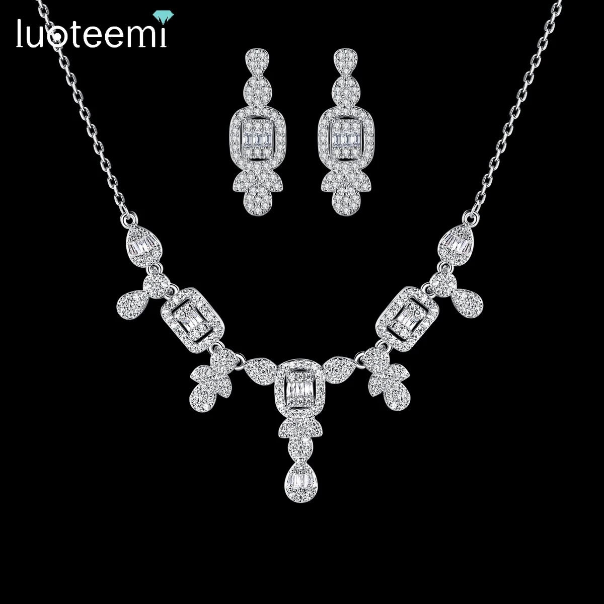 

LUOTEEMI Chain Necklace Designer Making Supply Earring Bling Cubic Zirconia Charm Bohemian Flower Fashion Jewelry Set