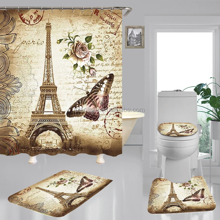 

Drop Shipping Eiffel Tower Custom Printed Shower Curtain Pairs City Floral Bathroom Sets with Shower Curtain and Rugs in Stock, Custom colors