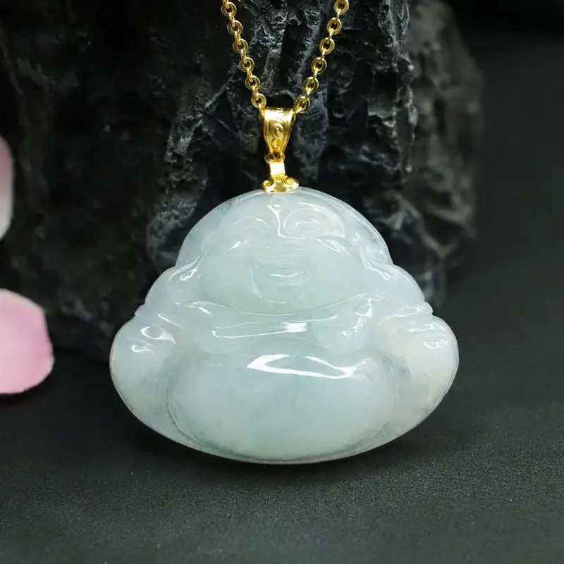 

Free Shipping 18K Gold Inlaid Natural Emerald Pendant Buddha Jade Jewelry Factory Live Delivery FC1022206