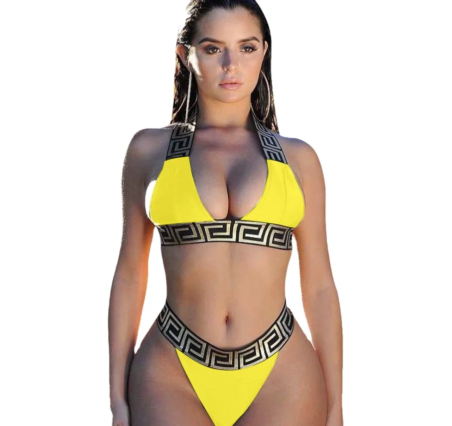 

Top selling products 2021 Fashion Bikini Shoulder Strap Sleeveless No Mesh Printed Solid 2 pieces set Beach Wear womens Swimsuit, Photo