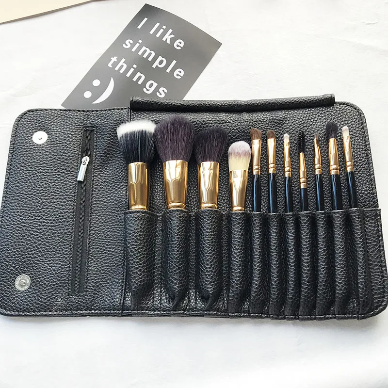 

2019 11pcs goat hair high quality professional black gold personalized makeup brushes set with luxe PU bag