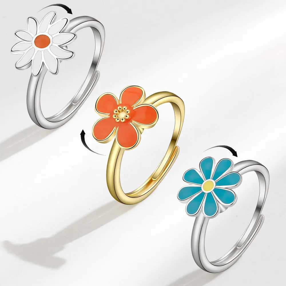 

Wholesale Rotatable Daisy Flower Anxiety Ring For Women Adjustable Enamel Flower Fidget Spinner Ring Anti Stress Jewelry