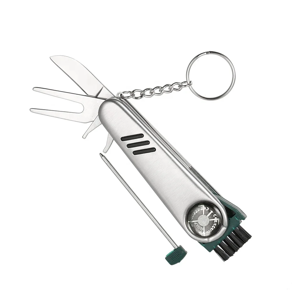 

Multi-function knife cleaning brush and Key Ring All-in-One Golf Tool golf divot tool, Plata