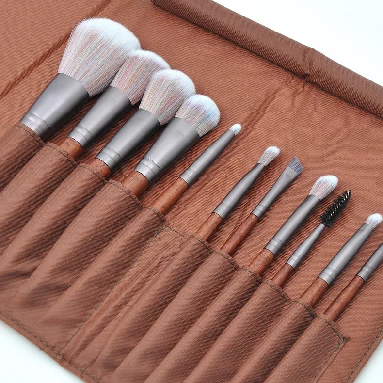 

11 Pieces Wood Handle Brown Long Durable Using Makeup Brushes Cruelty Free, Customized color