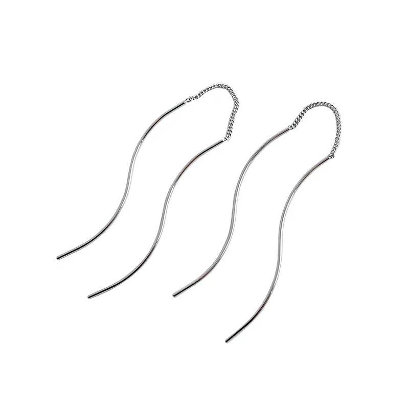HED004 Minimalist Wave Strip Chain Silver Ear Wire Platinum Plated S925 Sterling Silver Double Dangle Earrings