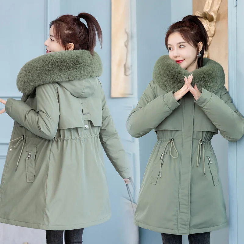 M-3XL Winter Large Fleece Collar Cotton Coat Korean Version Fashion Mid Length Thickened Plush Cotton Coat