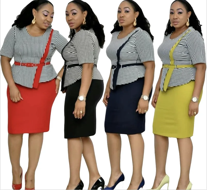 

Heavy Fabric African ladies OL office striped crew neck mid sleeve dress with belt, As showed