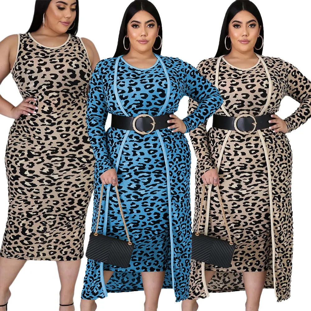 

European American women plus size casual leopard print long sleeve jacket and vest maxi dress 2pcs set