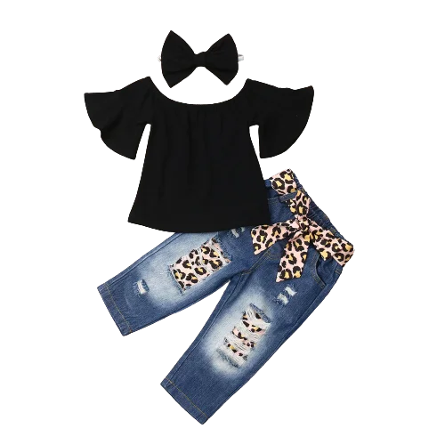 

2021 Children headband black short sleeve leopard print denim pants three pieces suit girls clothing sets for wholesale, As pic shows, we can according to your request also