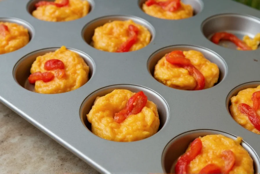 Homemade egg bites with red pepper in muffin tin during preparation
