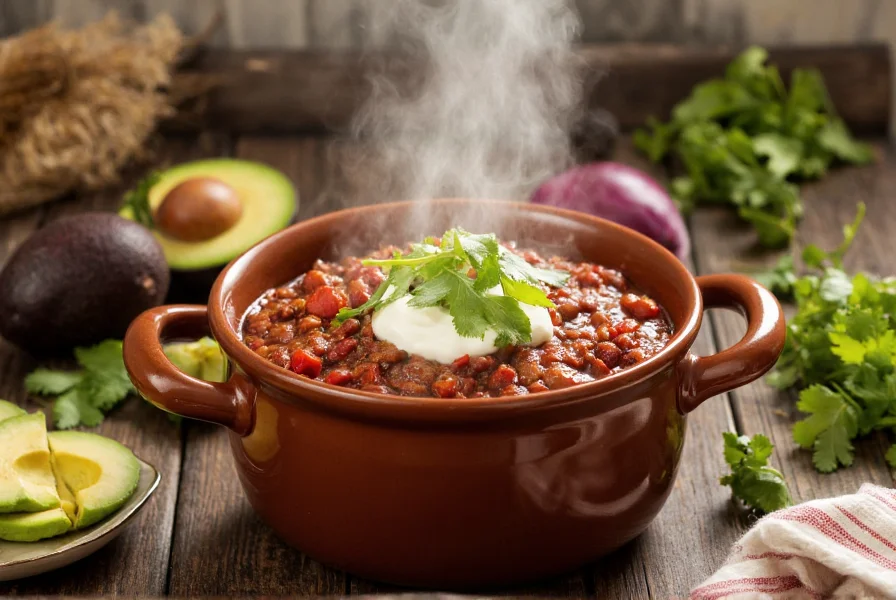 Slow cooker filled with rich red chili, steam rising, surrounded by fresh toppings like avocado, sour cream, and cilantro