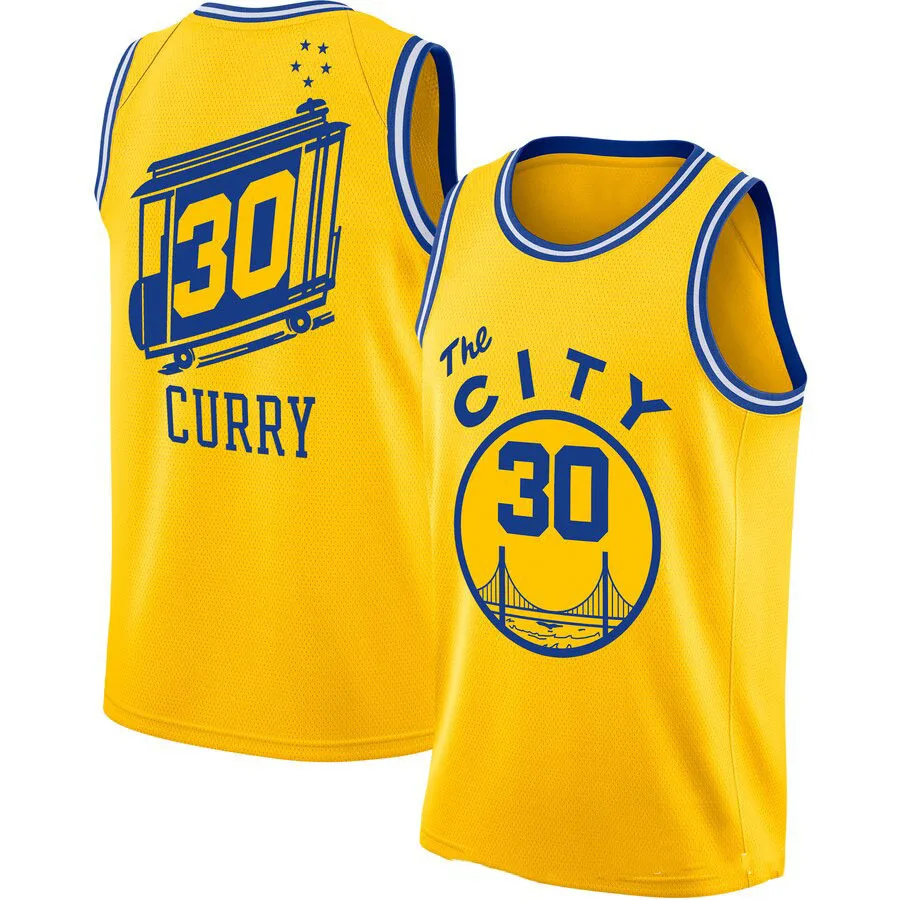 

2021 City Reward Embroidered Basketball Jersey Warriors No. 30 Curry White Blue Black Yellow Retro Basketball Jersey Shorts, Customized colors