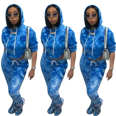 

Fashion Printed Ladies Suit Long Sleeve Hooded Two-Piece Blue Casual Suit