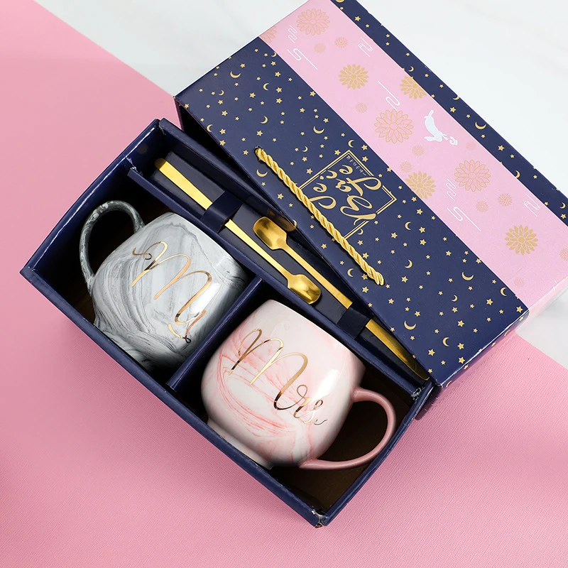 

Amazon Hot selling Couple Mug Ceramic Gift Set Marble Cup Mr. and Ms. Mug Weeding Coffee Cup, Pink, grey